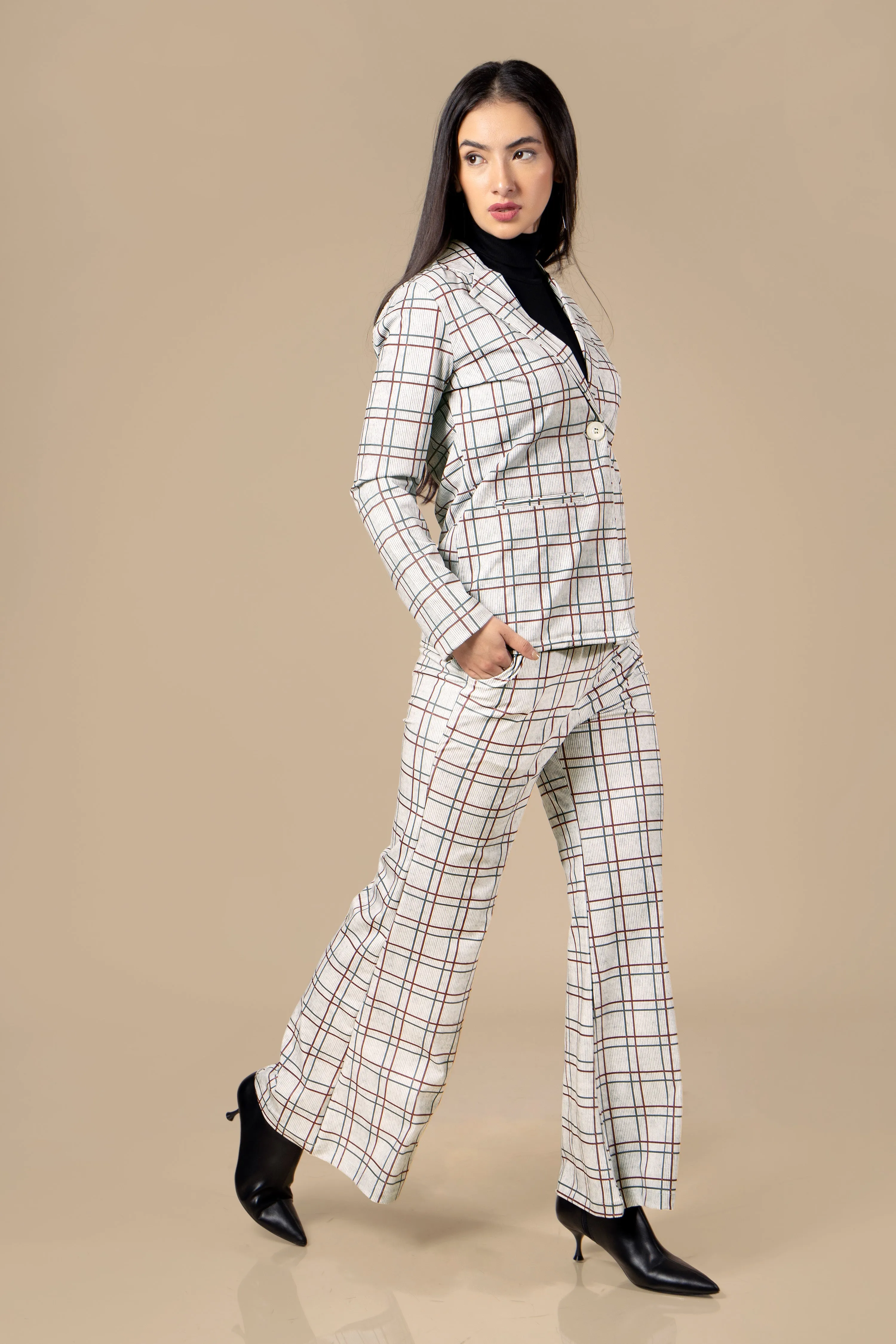 Checks Casual Blazer Co-Ord Set For Women