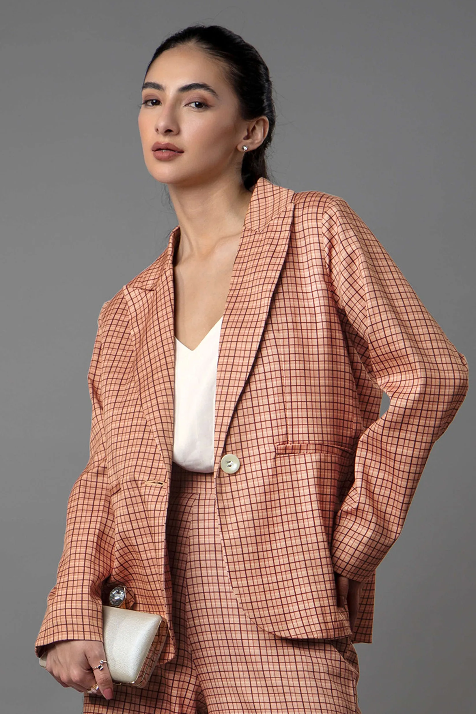 Checks Notched Collar Luxe Blazer