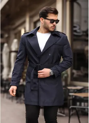 [Chicago]-Navy Double Breasted Water Repellent Trench Coat