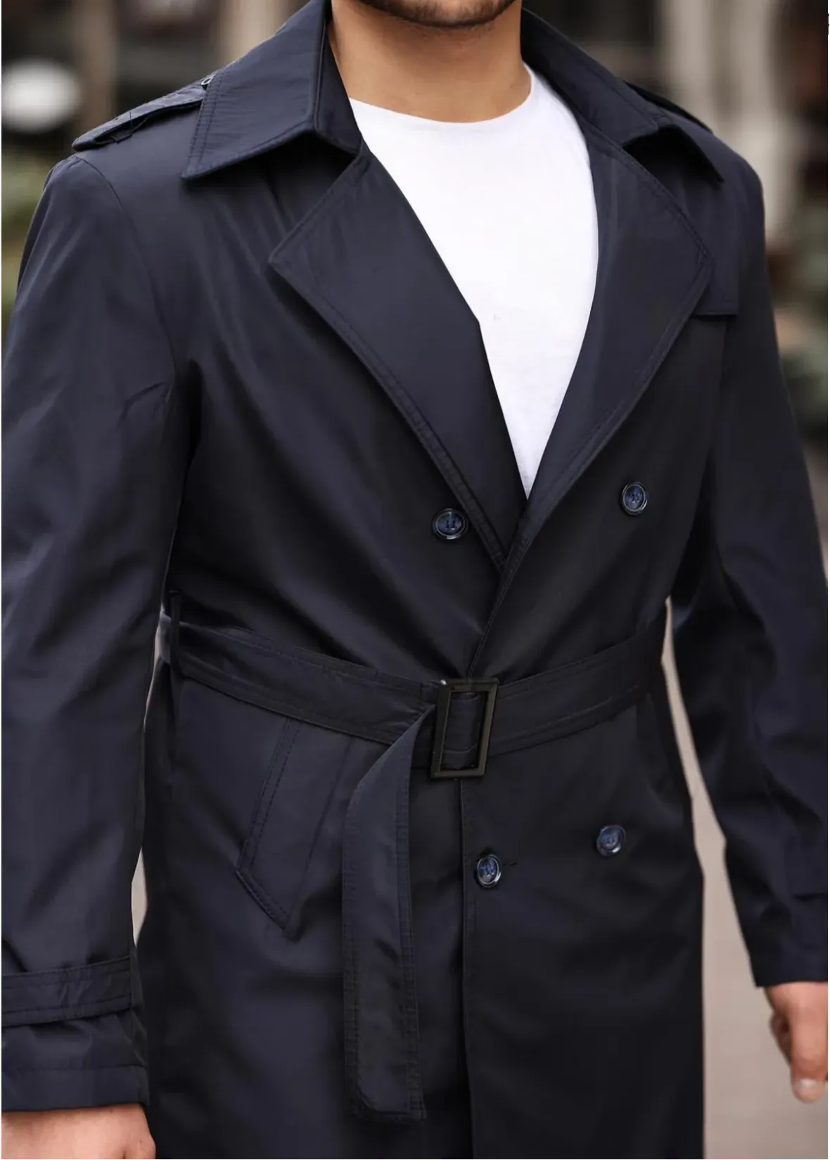 [Chicago]-Navy Double Breasted Water Repellent Trench Coat