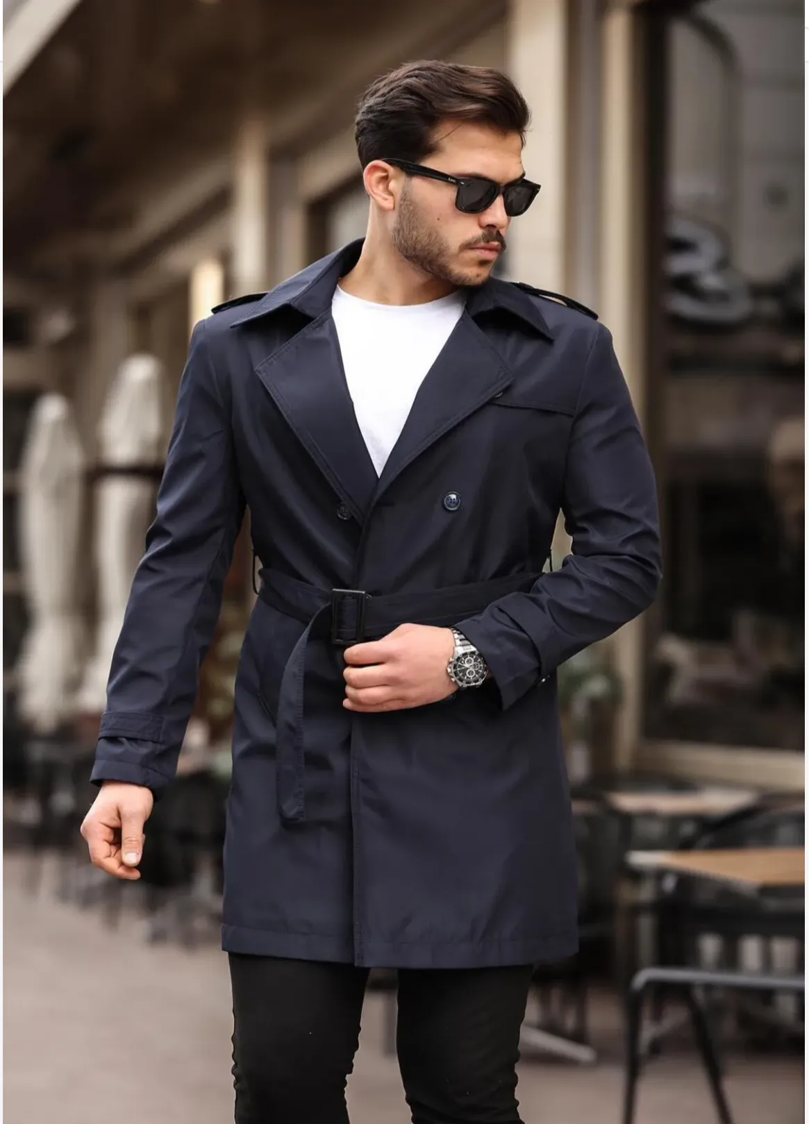 [Chicago]-Navy Double Breasted Water Repellent Trench Coat