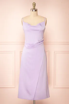 Chloe Lilac | Cowl Neck Satin Midi Slip Dress