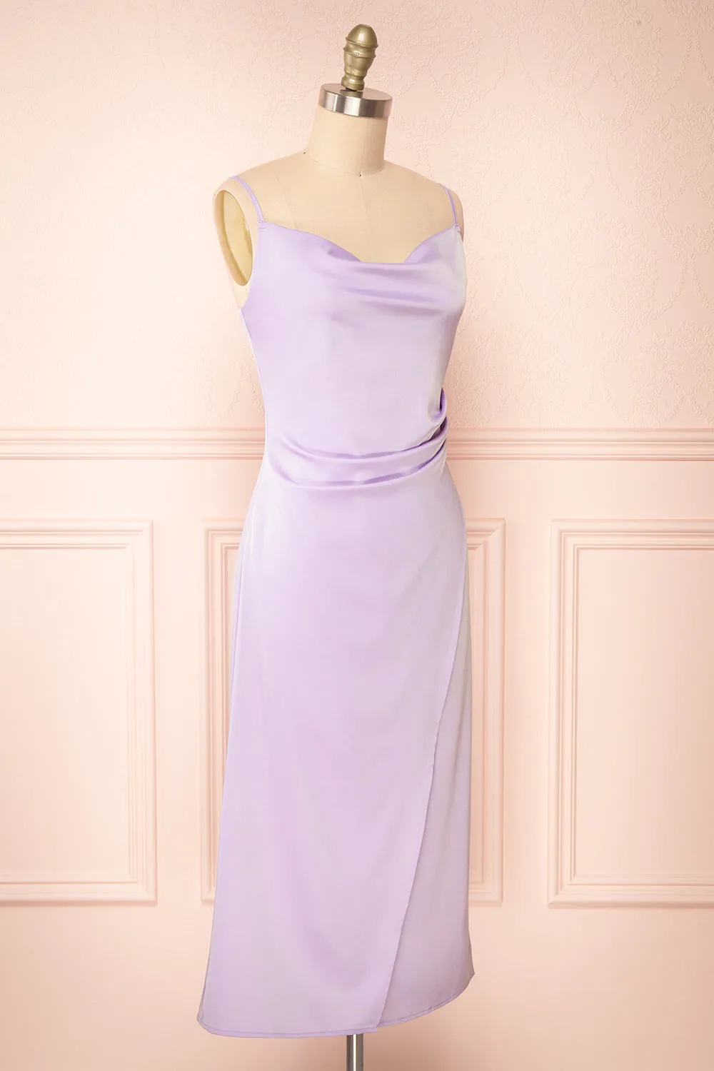 Chloe Lilac | Cowl Neck Satin Midi Slip Dress