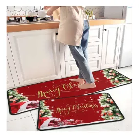 Christmas Kitchen Rugs 2 PCS, Merry Christmas Kitchen Rug, Non Skid Washable Padded Soft Comfort Kitchen Rugs Set (17"x47" 17"x30",Merry Christmas)