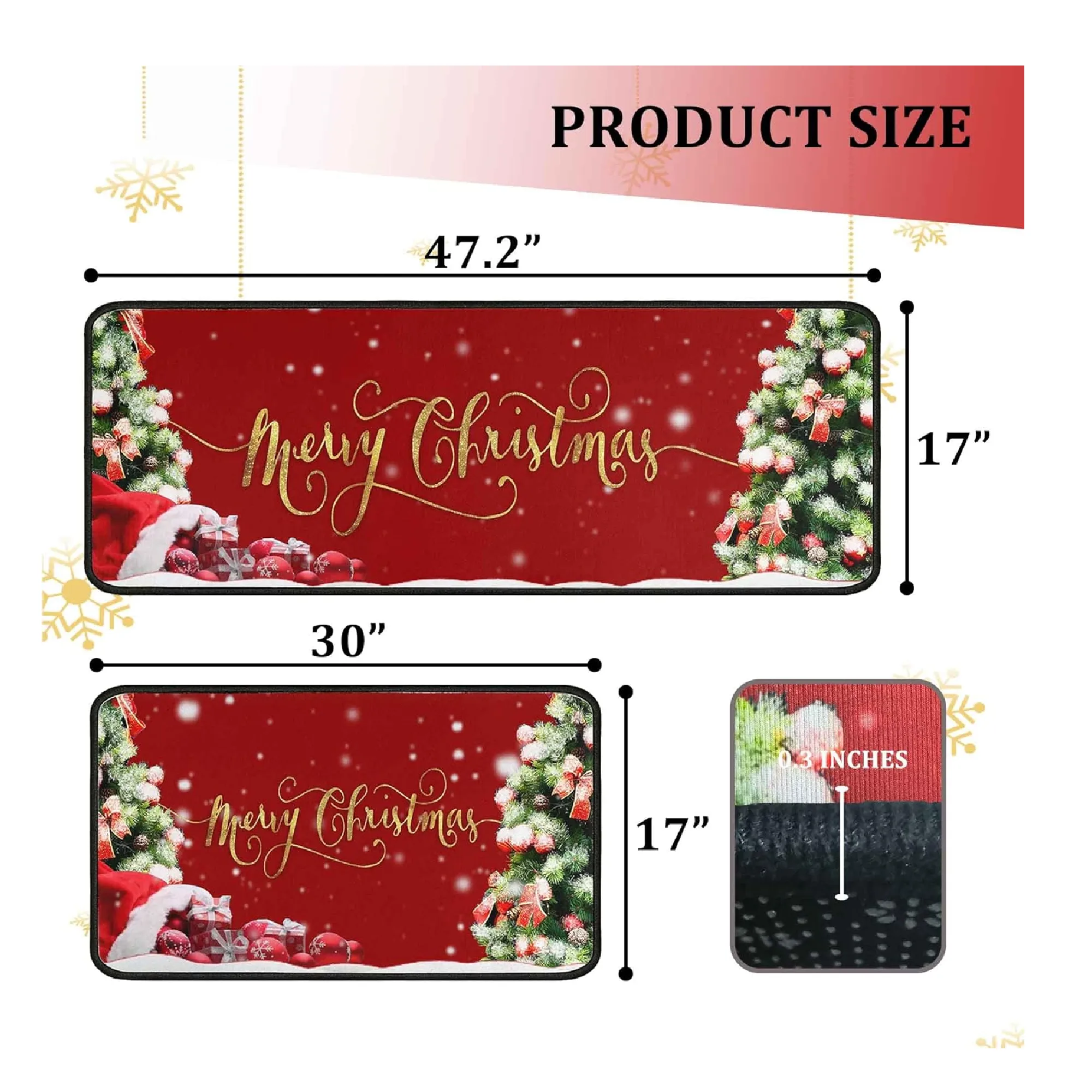 Christmas Kitchen Rugs 2 PCS, Merry Christmas Kitchen Rug, Non Skid Washable Padded Soft Comfort Kitchen Rugs Set (17"x47" 17"x30",Merry Christmas)