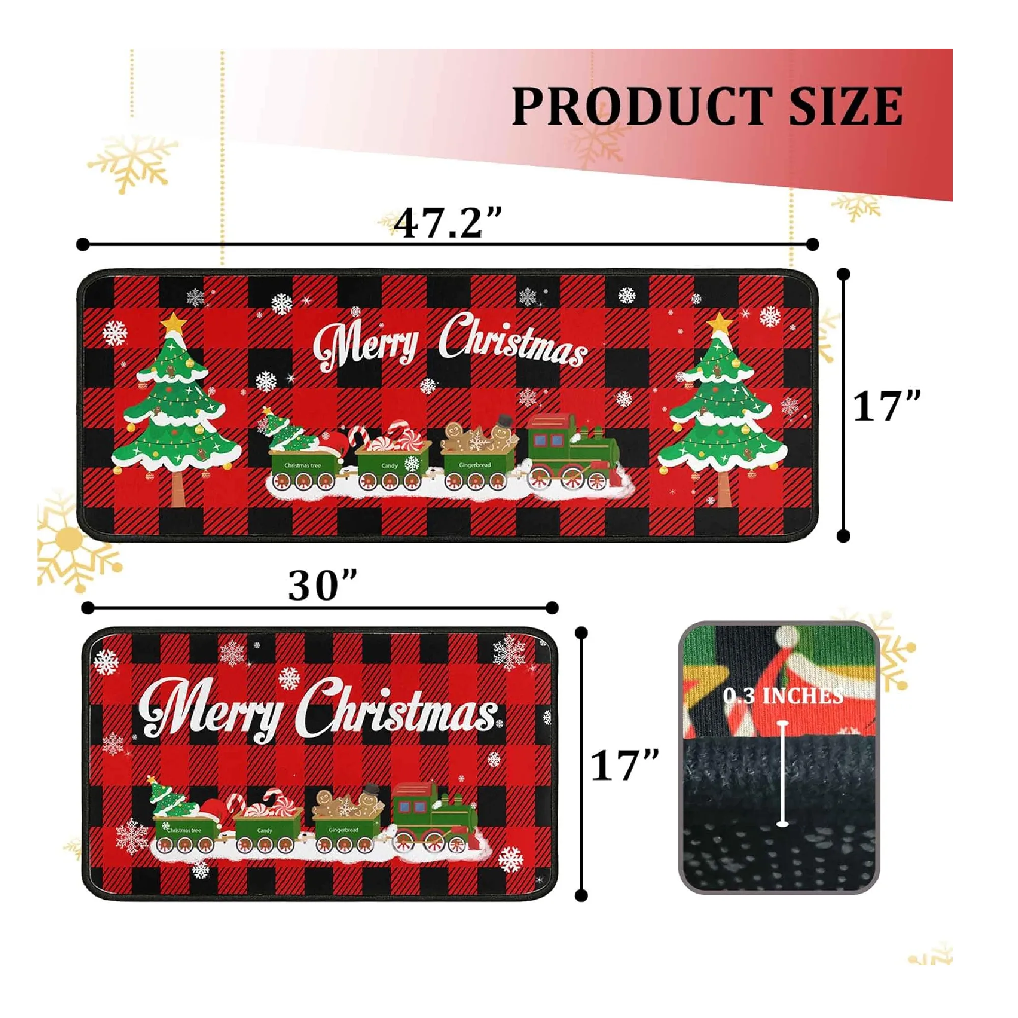 Christmas Kitchen Rugs and Mats Set (2 PCS), Merry Christmas Indoor Floor Mats Red Black Buffalo Check Plaid for Winter, Xmas Door Mat Runner Rug Mat for Kitchen Home Decor (17"x47" 17"x30")