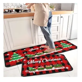 Christmas Kitchen Rugs and Mats Set (2 PCS), Merry Christmas Indoor Floor Mats Red Black Buffalo Check Plaid for Winter, Xmas Door Mat Runner Rug Mat for Kitchen Home Decor (17"x47" 17"x30")