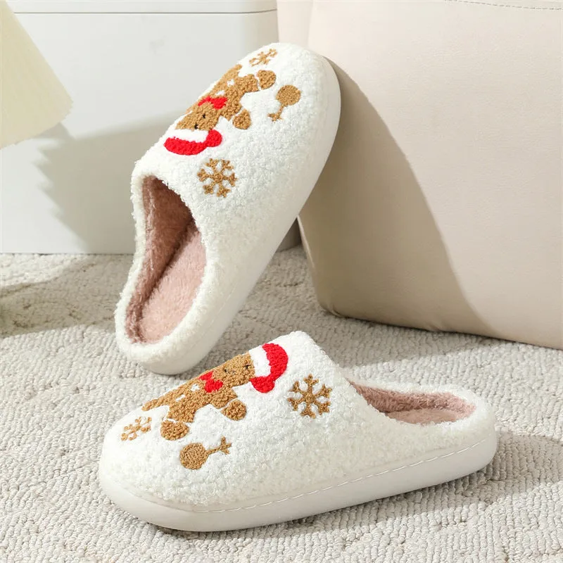 Christmas Snowflake Gingerbread Slippers Winter Indoor Non-slip Floor Bedroom Fuzzy House Shoes