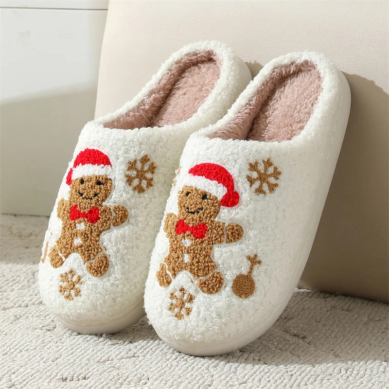 Christmas Snowflake Gingerbread Slippers Winter Indoor Non-slip Floor Bedroom Fuzzy House Shoes