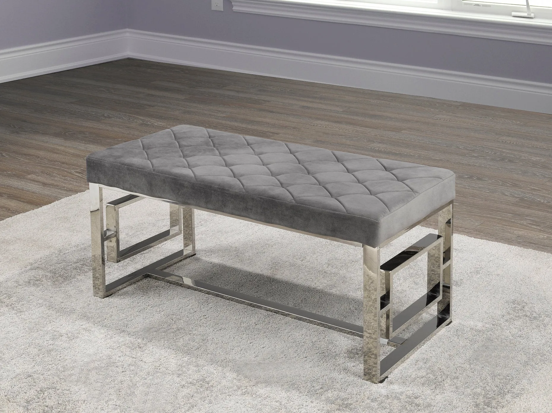 Chrome Bench With Grey Velvet Top