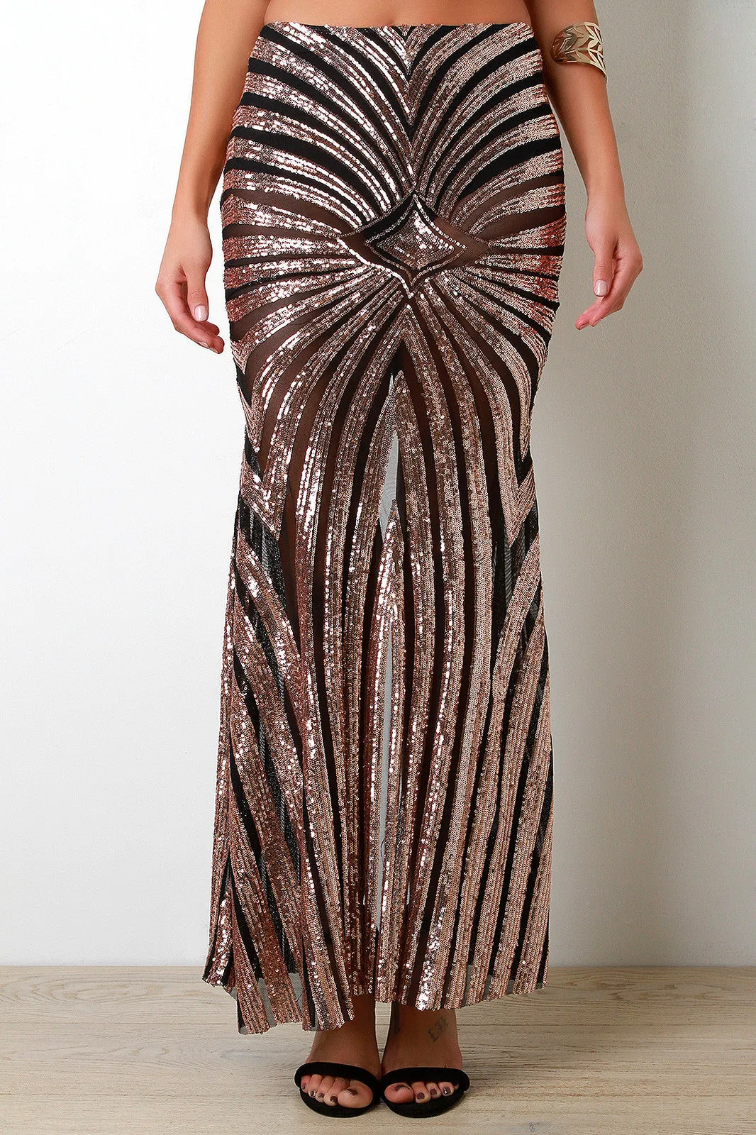 Contrast Mesh Sequined Maxi Skirt