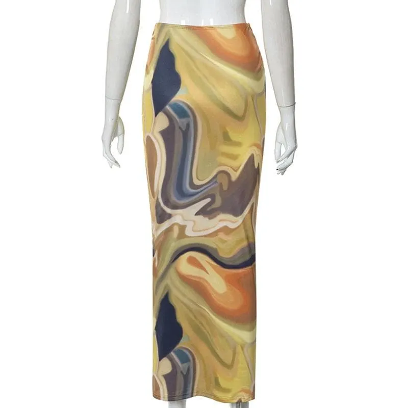 Contrast ruched abstract print midi skirt