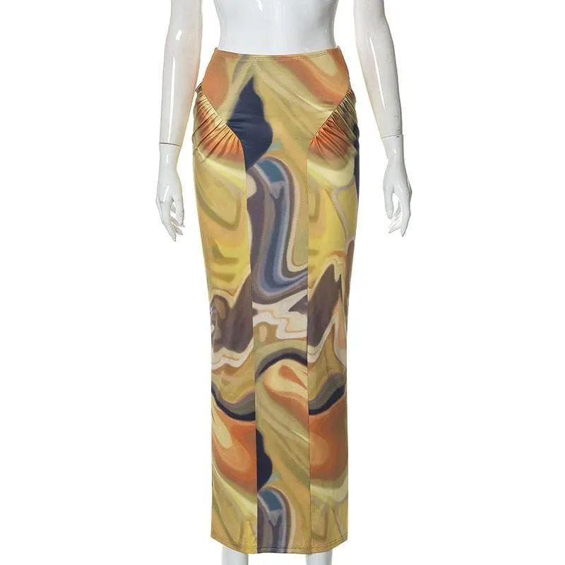 Contrast ruched abstract print midi skirt