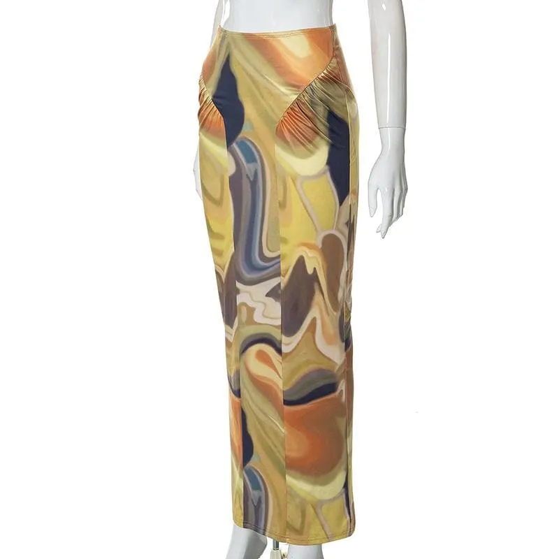 Contrast ruched abstract print midi skirt