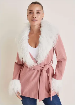 Corduroy Fur Trim Coat - Pink