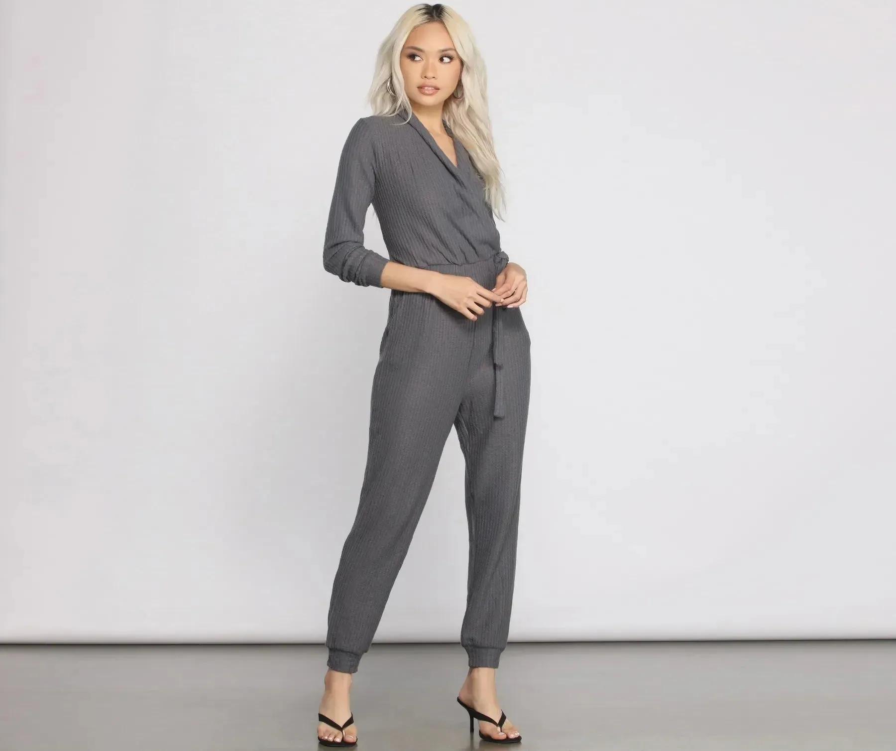 Cozy and Chic Ribbed Surplice Jogger Jumpsuit