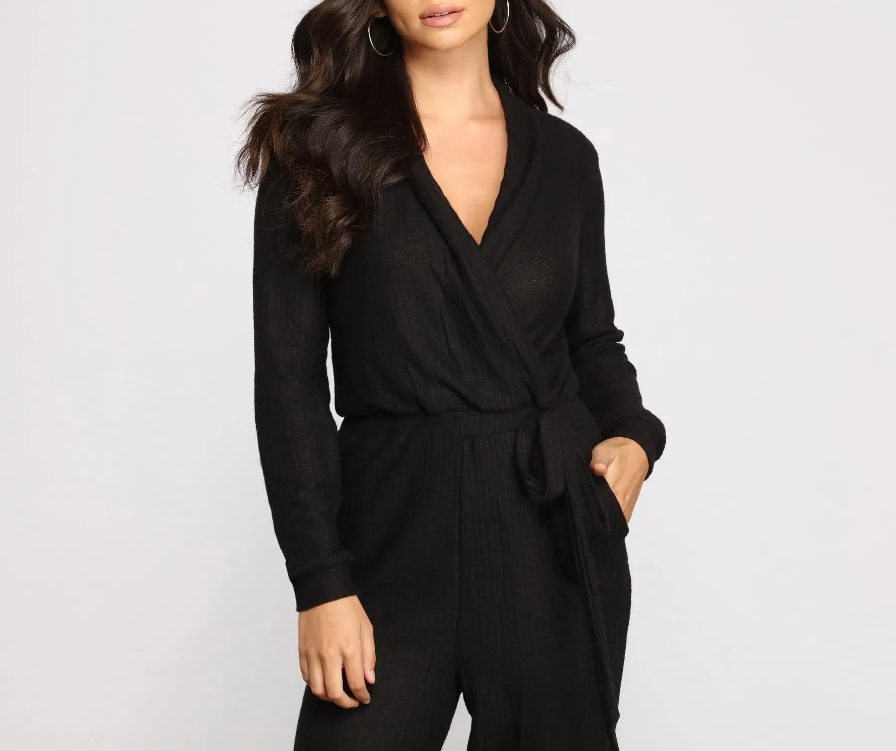 Cozy and Chic Ribbed Surplice Jogger Jumpsuit