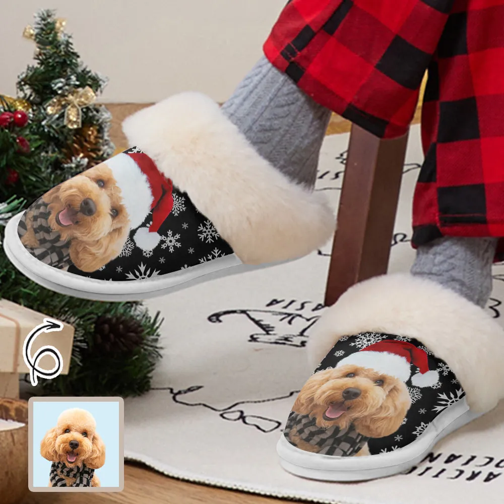 Custom Face Christmas Snowflake Cotton Slippers with Fur Edges Warm Flannel Home Slippers