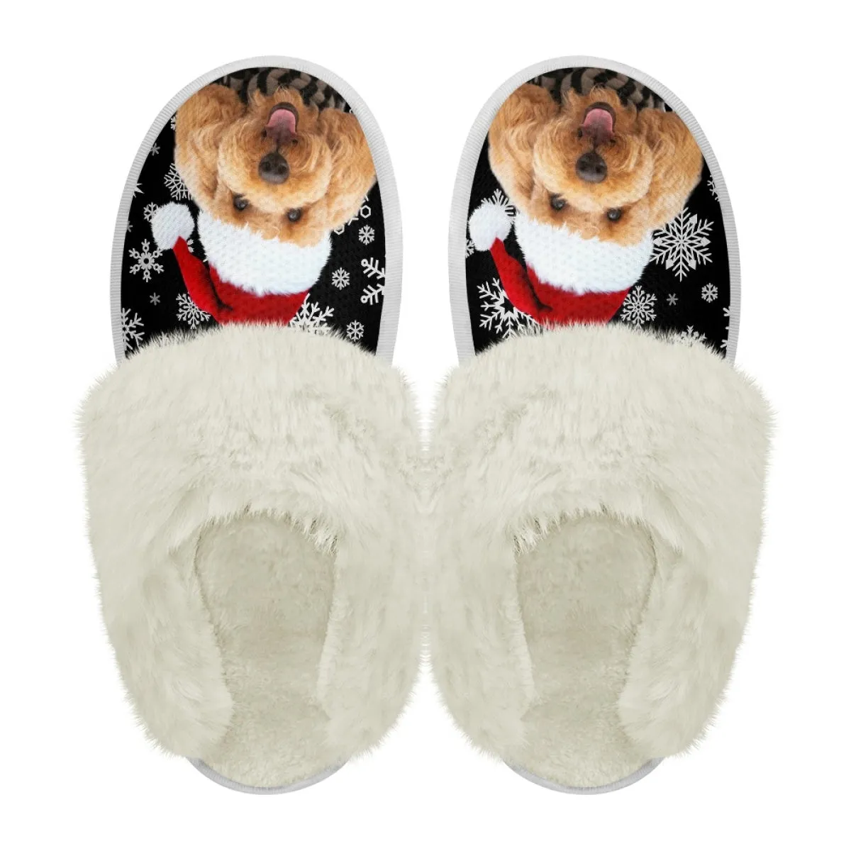 Custom Face Christmas Snowflake Cotton Slippers with Fur Edges Warm Flannel Home Slippers