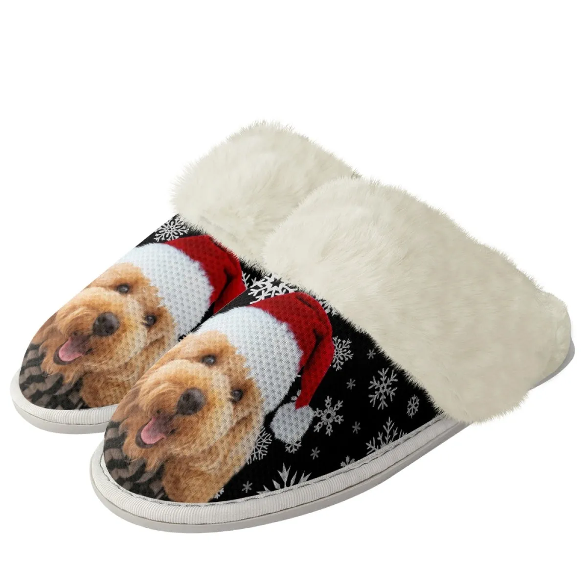 Custom Face Christmas Snowflake Cotton Slippers with Fur Edges Warm Flannel Home Slippers