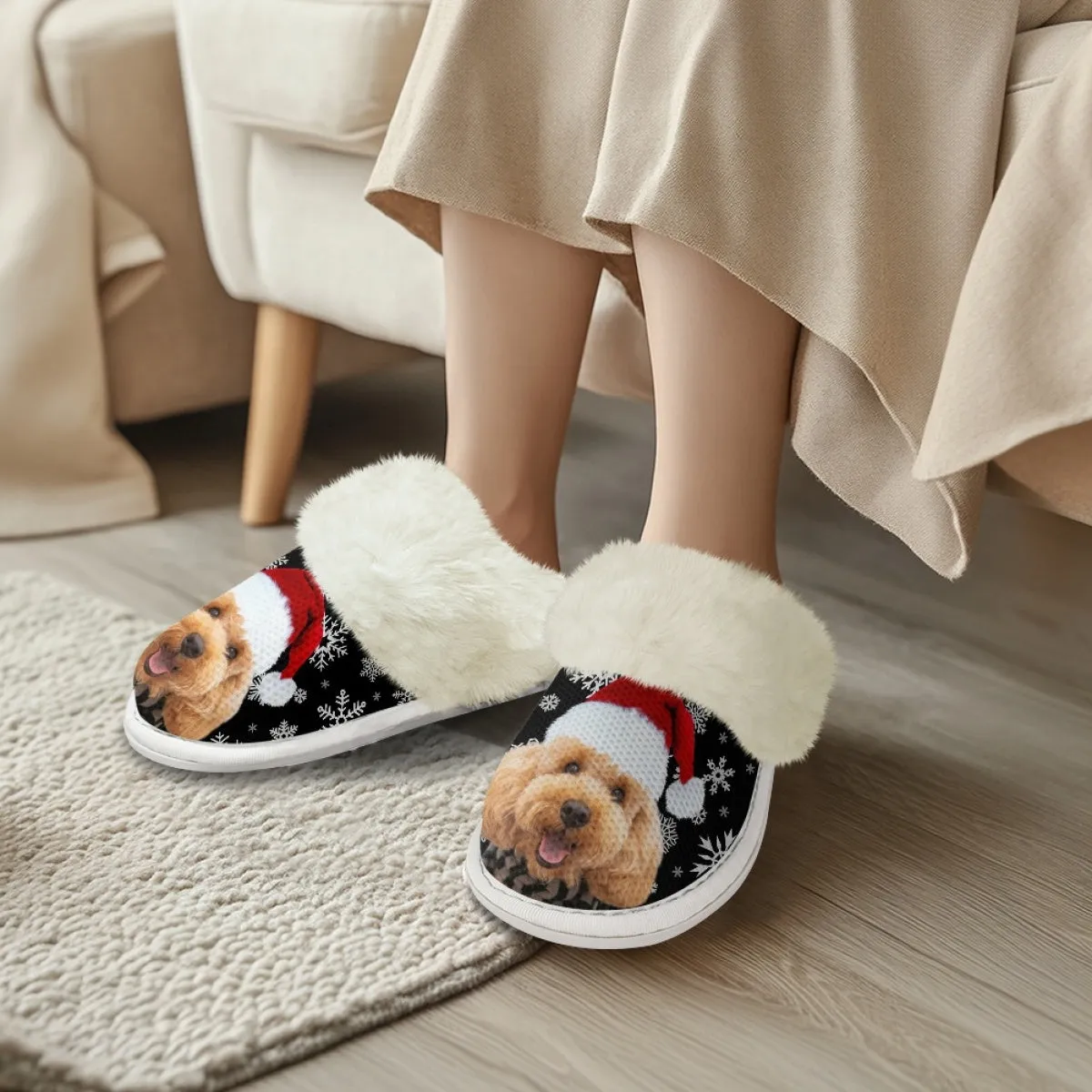 Custom Face Christmas Snowflake Cotton Slippers with Fur Edges Warm Flannel Home Slippers