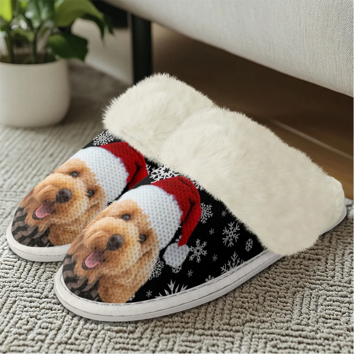 Custom Face Christmas Snowflake Cotton Slippers with Fur Edges Warm Flannel Home Slippers