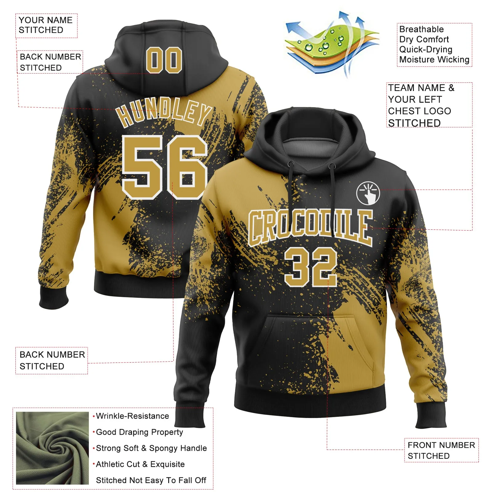 Custom Stitched Black Old Gold-White 3D Pattern Design Abstract Brush Stroke Sports Pullover Sweatshirt Hoodie