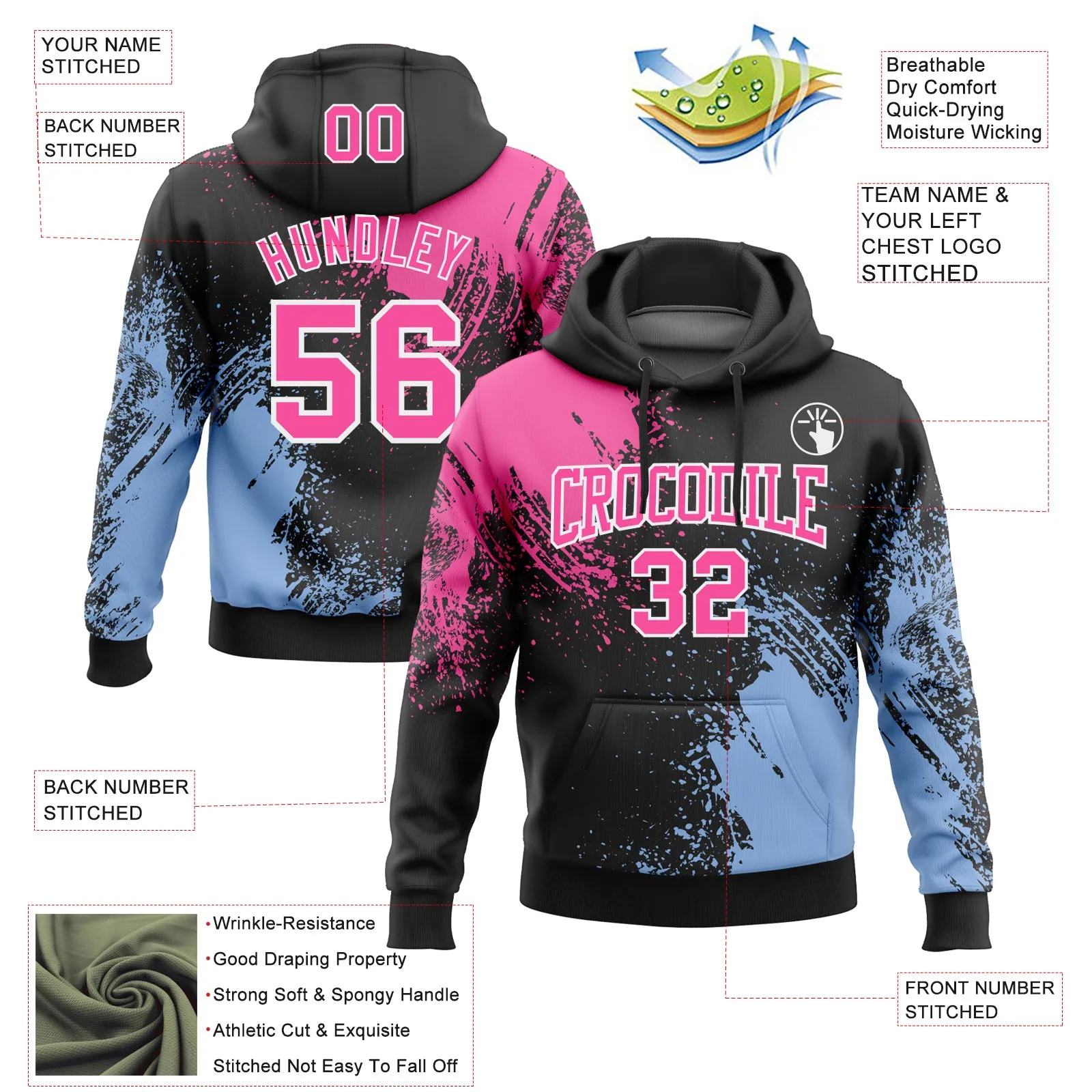 Custom Stitched Black Pink-Light Blue 3D Pattern Design Abstract Brush Stroke Sports Pullover Sweatshirt Hoodie