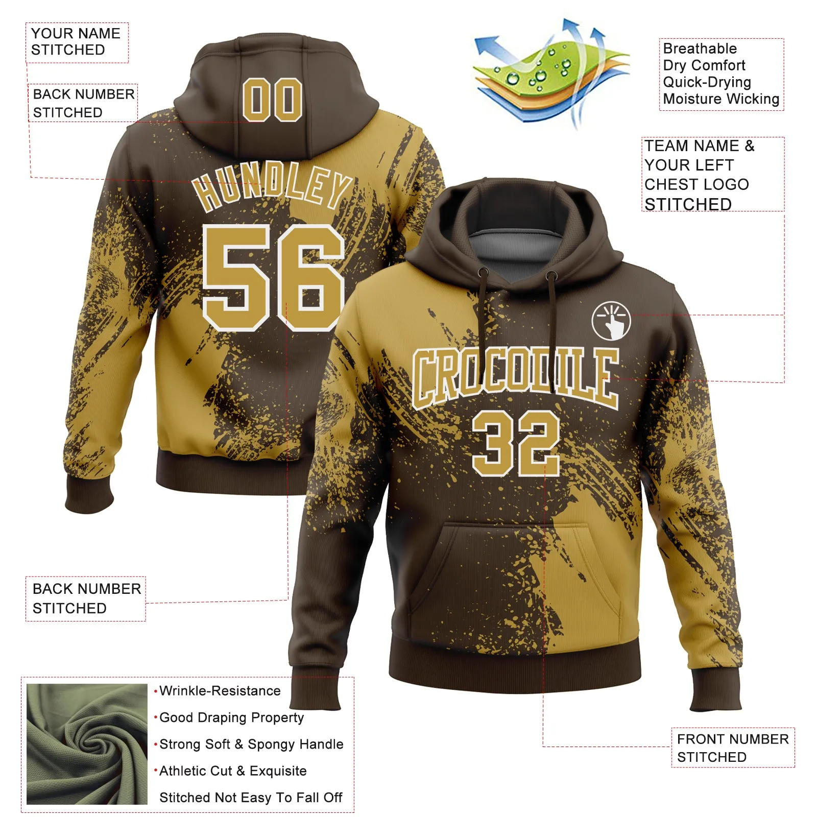 Custom Stitched Brown Old Gold-White 3D Pattern Design Abstract Brush Stroke Sports Pullover Sweatshirt Hoodie