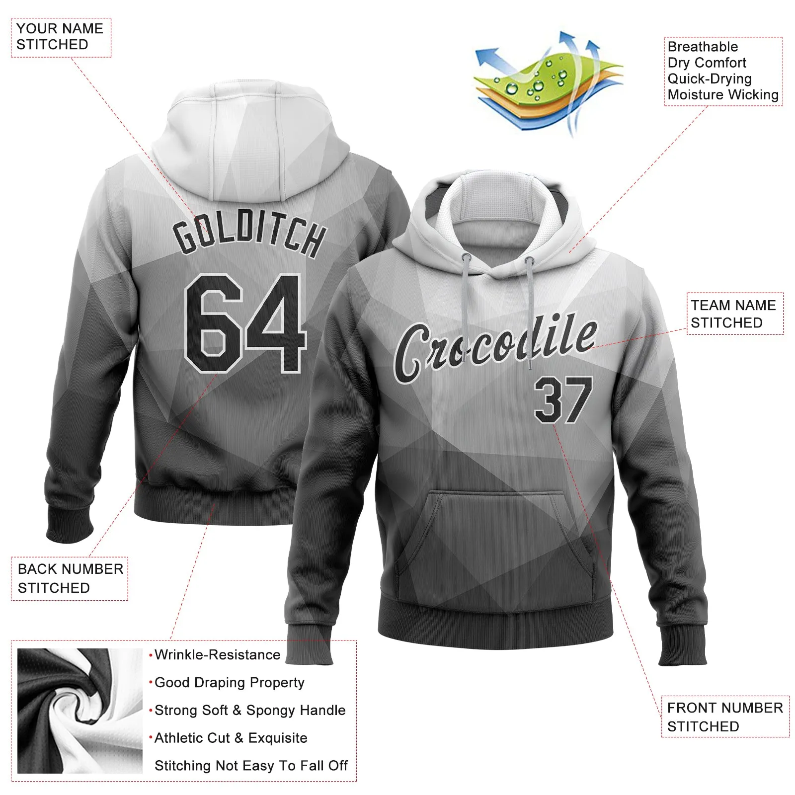 Custom Stitched Gray Black-White 3D Pattern Design Abstract Geometric Sports Pullover Sweatshirt Hoodie