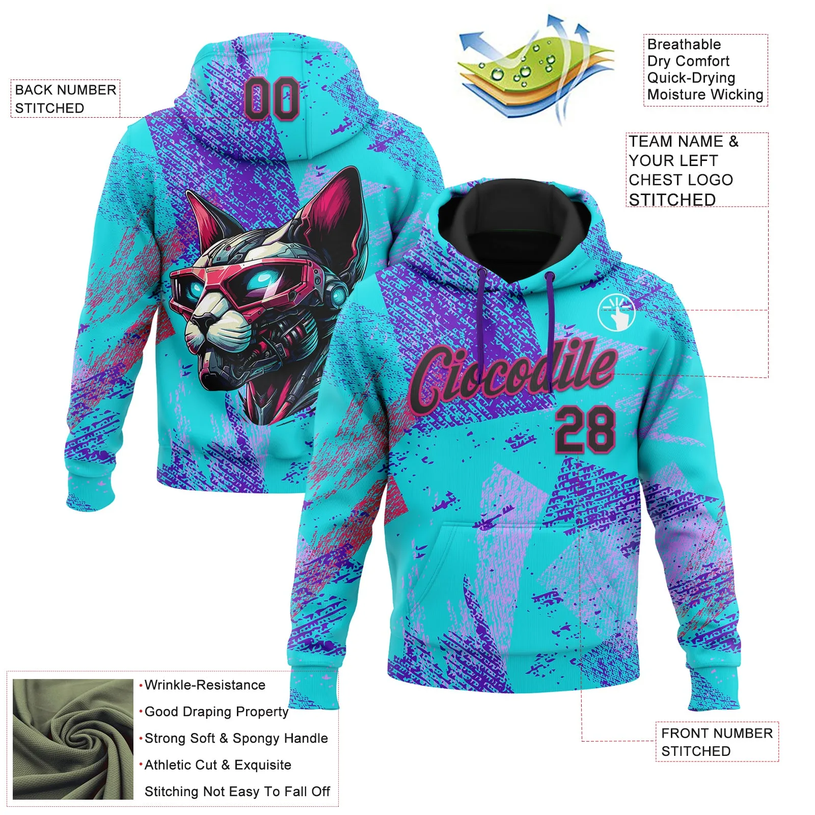 Custom Stitched Ice Blue Black-Hot Pink 3D Halloween Abstract Brush Stroke Sports Pullover Sweatshirt Hoodie