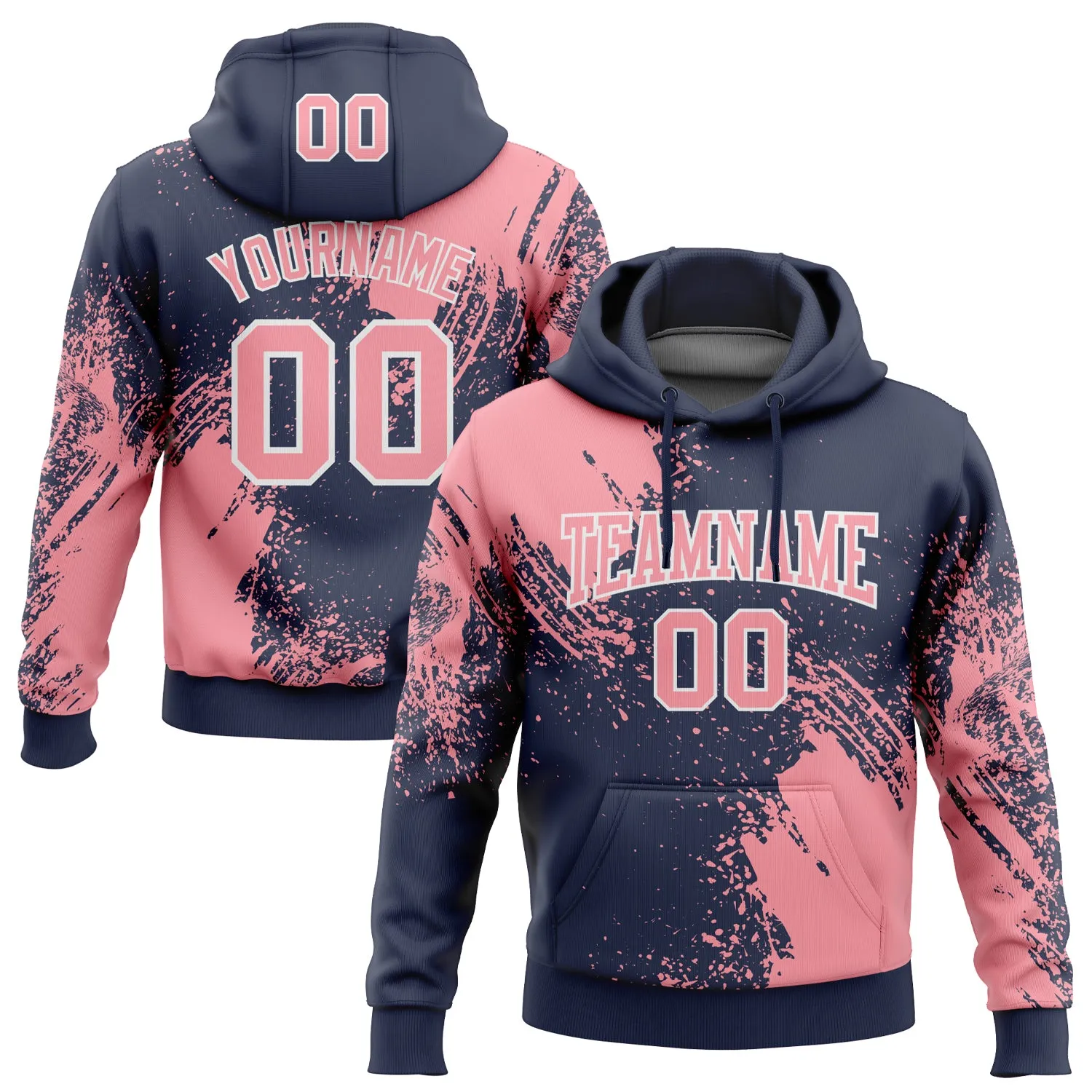 Custom Stitched Navy Medium Pink-White 3D Pattern Design Abstract Brush Stroke Sports Pullover Sweatshirt Hoodie