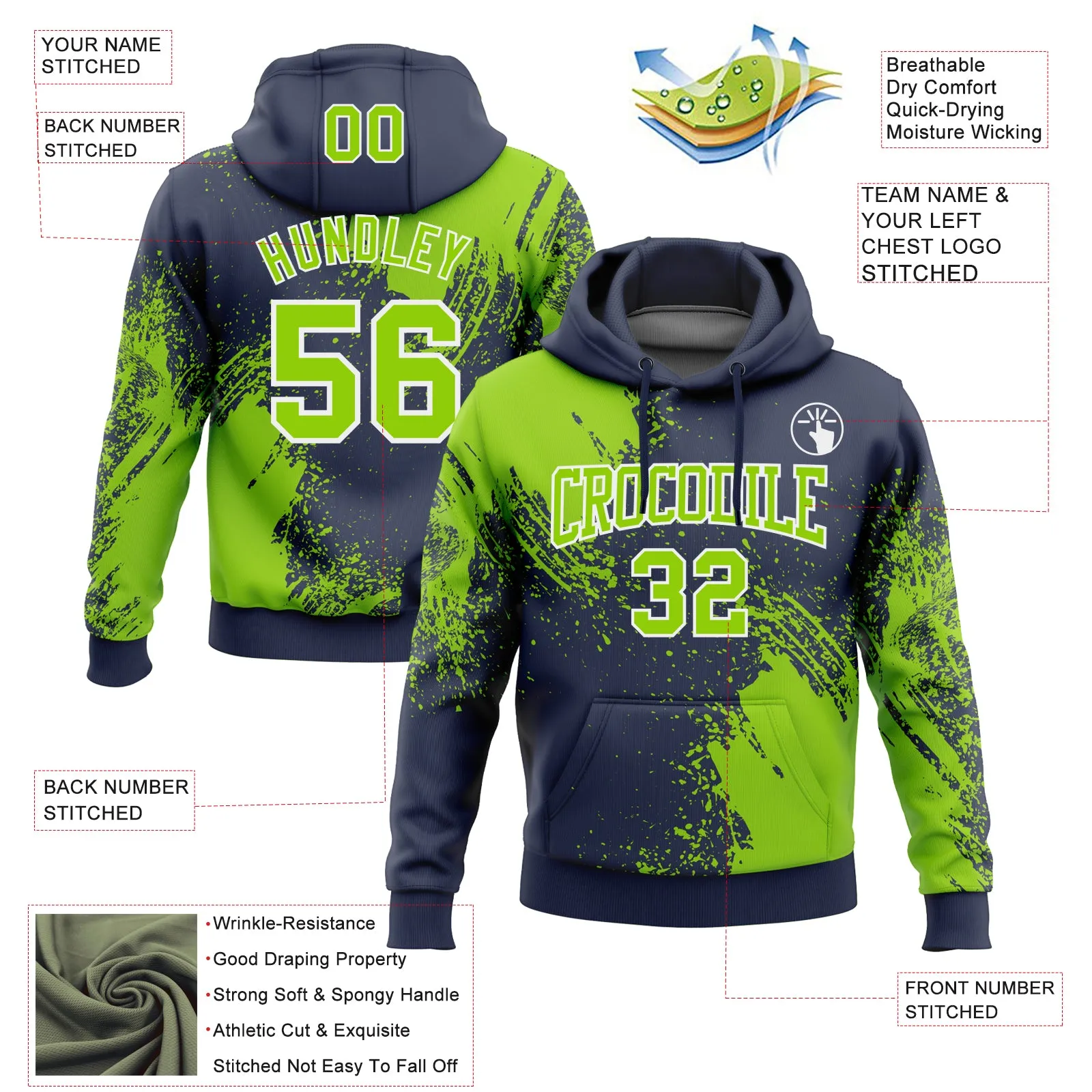 Custom Stitched Navy Neon Green-White 3D Pattern Design Abstract Brush Stroke Sports Pullover Sweatshirt Hoodie