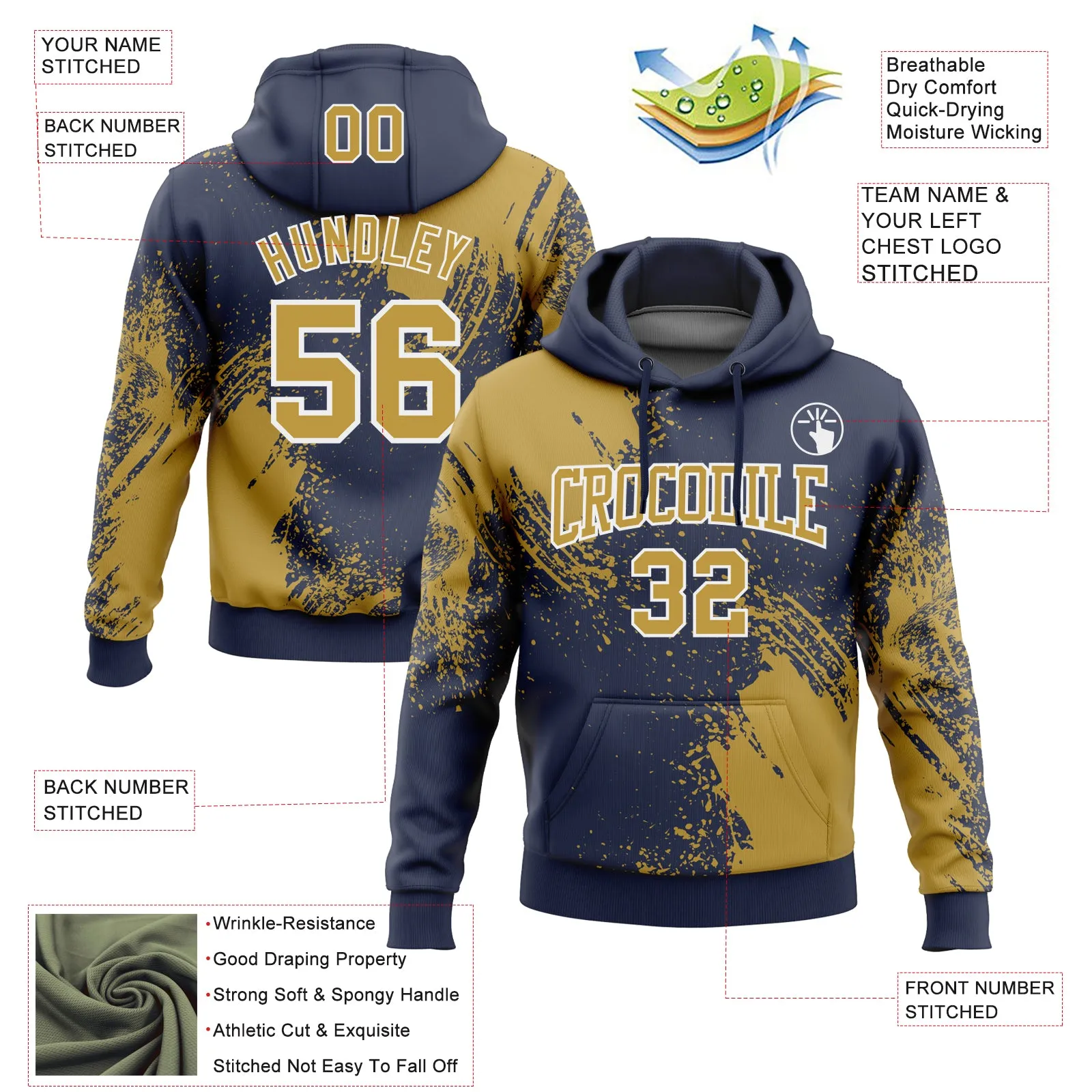 Custom Stitched Navy Old Gold-White 3D Pattern Design Abstract Brush Stroke Sports Pullover Sweatshirt Hoodie