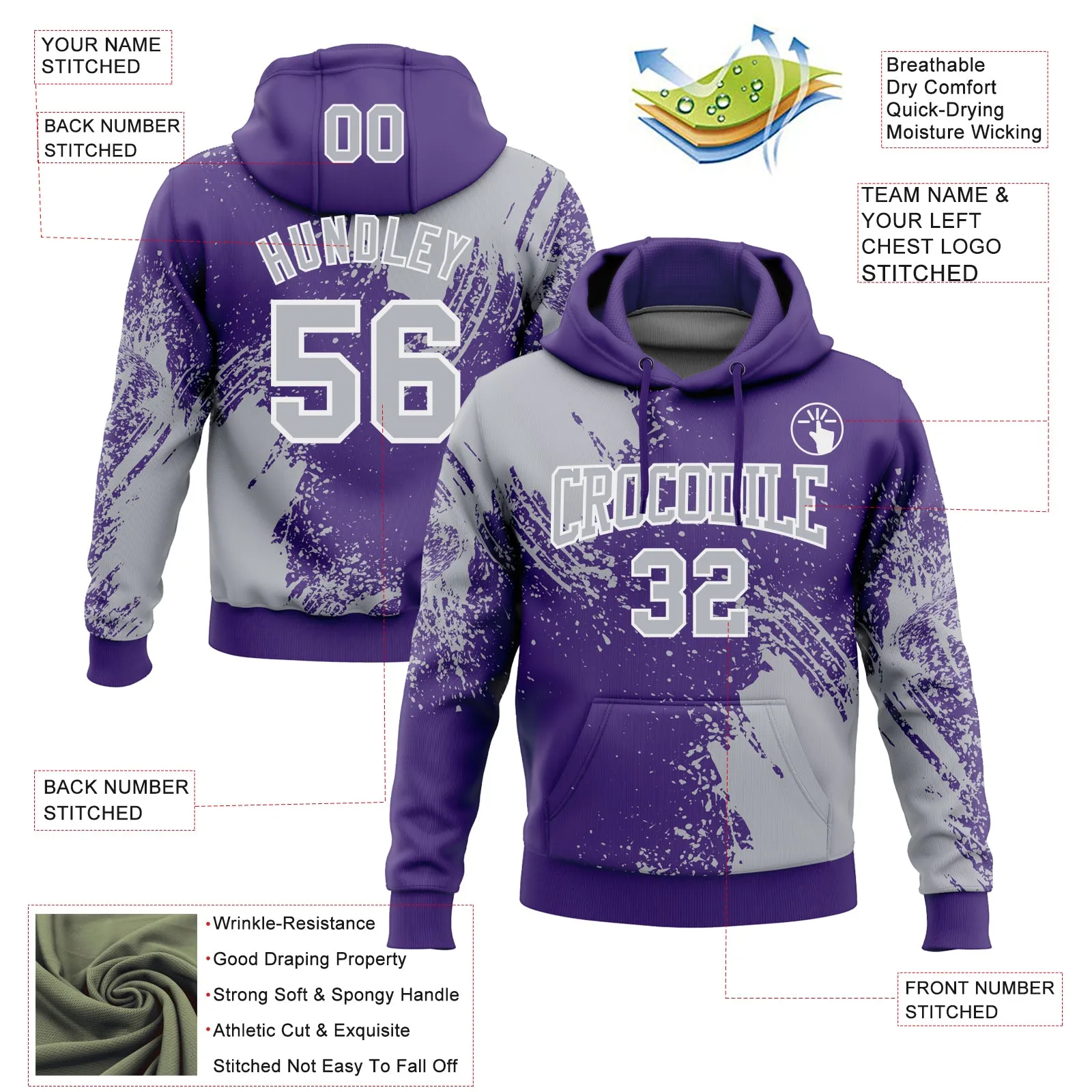 Custom Stitched Purple Gray-White 3D Pattern Design Abstract Brush Stroke Sports Pullover Sweatshirt Hoodie