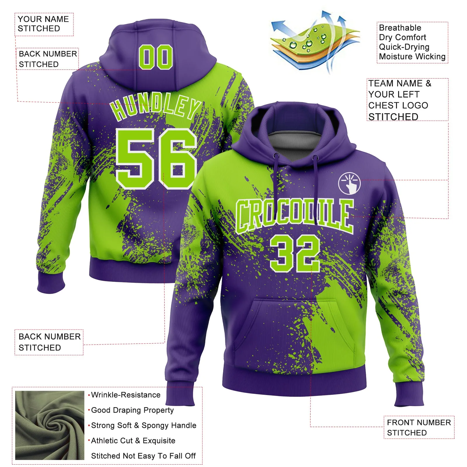 Custom Stitched Purple Neon Green-White 3D Pattern Design Abstract Brush Stroke Sports Pullover Sweatshirt Hoodie