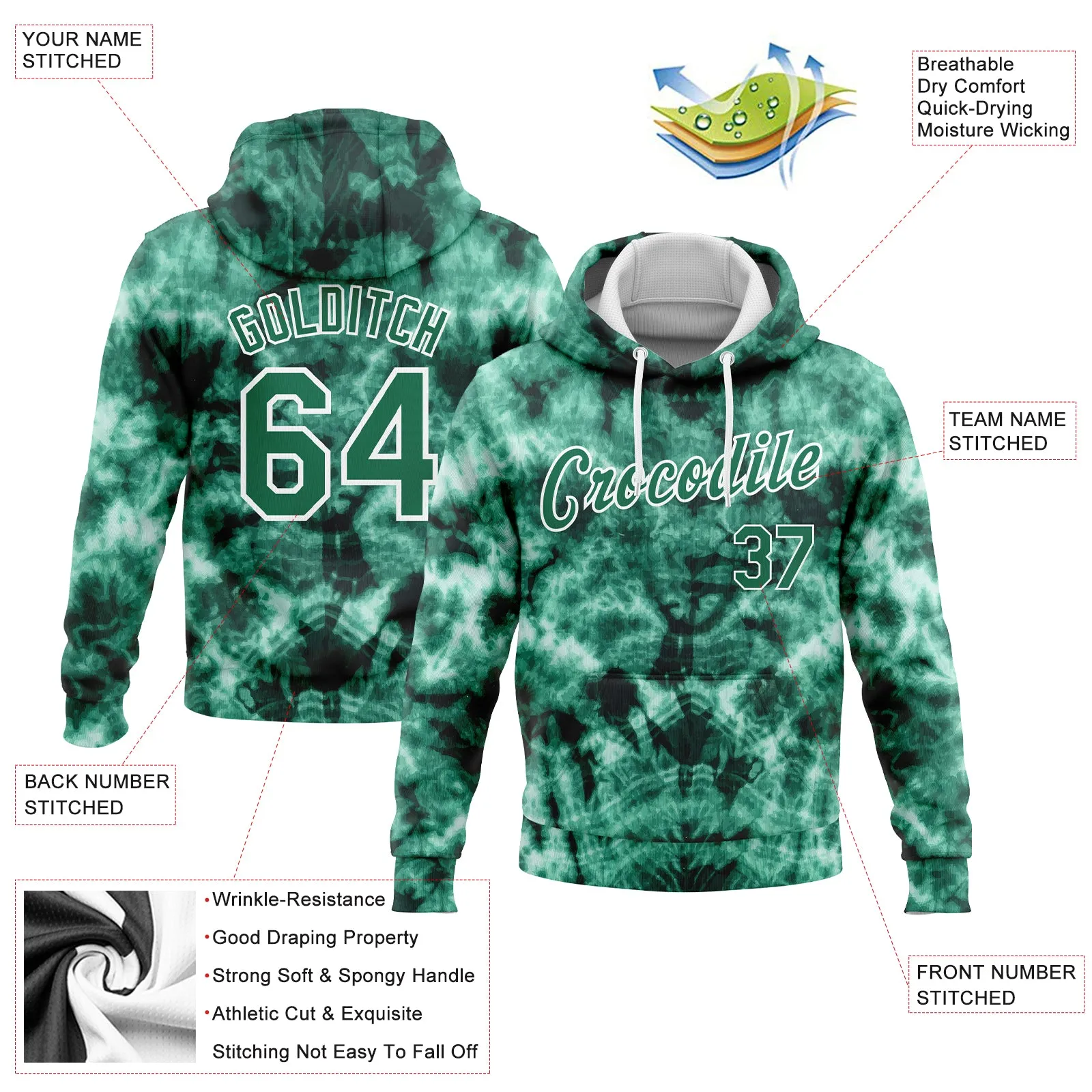 Custom Stitched Tie Dye Kelly Green-White 3D Abstract Shibori Style Sports Pullover Sweatshirt Hoodie