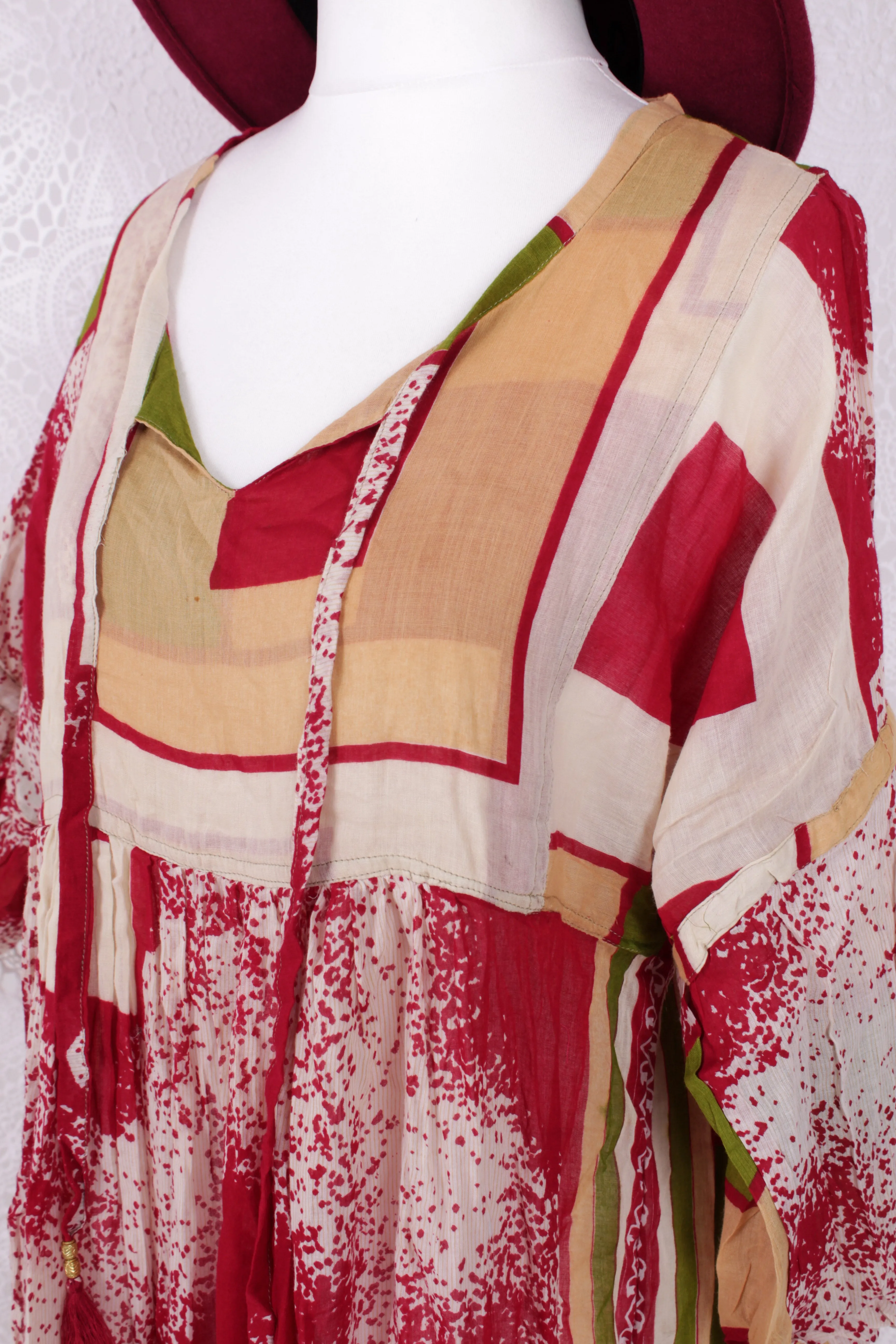 Daisy Midi Smock Dress - Vintage Indian Cotton - Cream, Red & Green Abstract - M/L