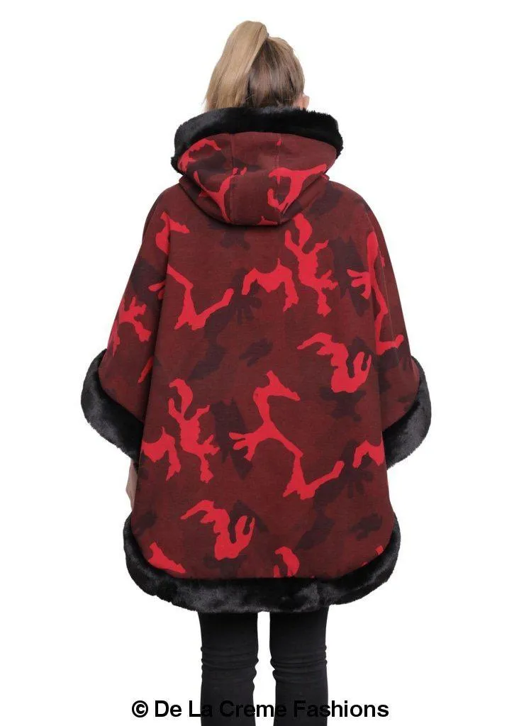 De La Creme - Women's Camo Print Fur Trim Hooded Cape