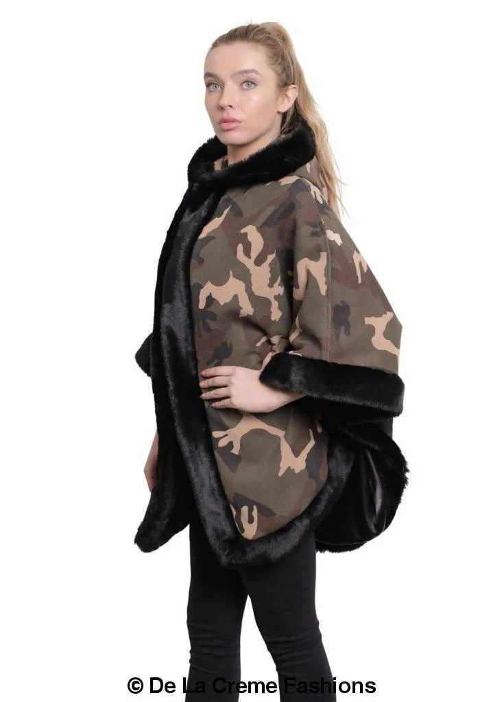 De La Creme - Women's Camo Print Fur Trim Hooded Cape