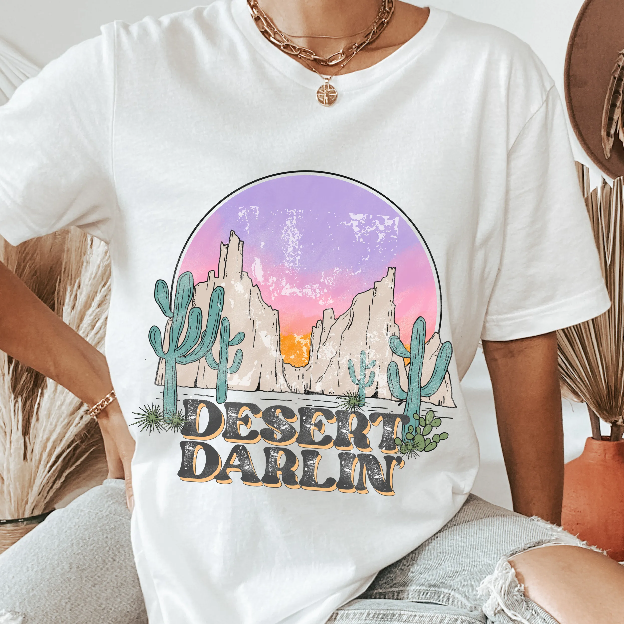 Desert Darlin' Bella Canvas® Unisex Jersey Short Sleeve Tee in Natural, White, Dark Heather or Heather Olive Desert Cactus T-Shirt