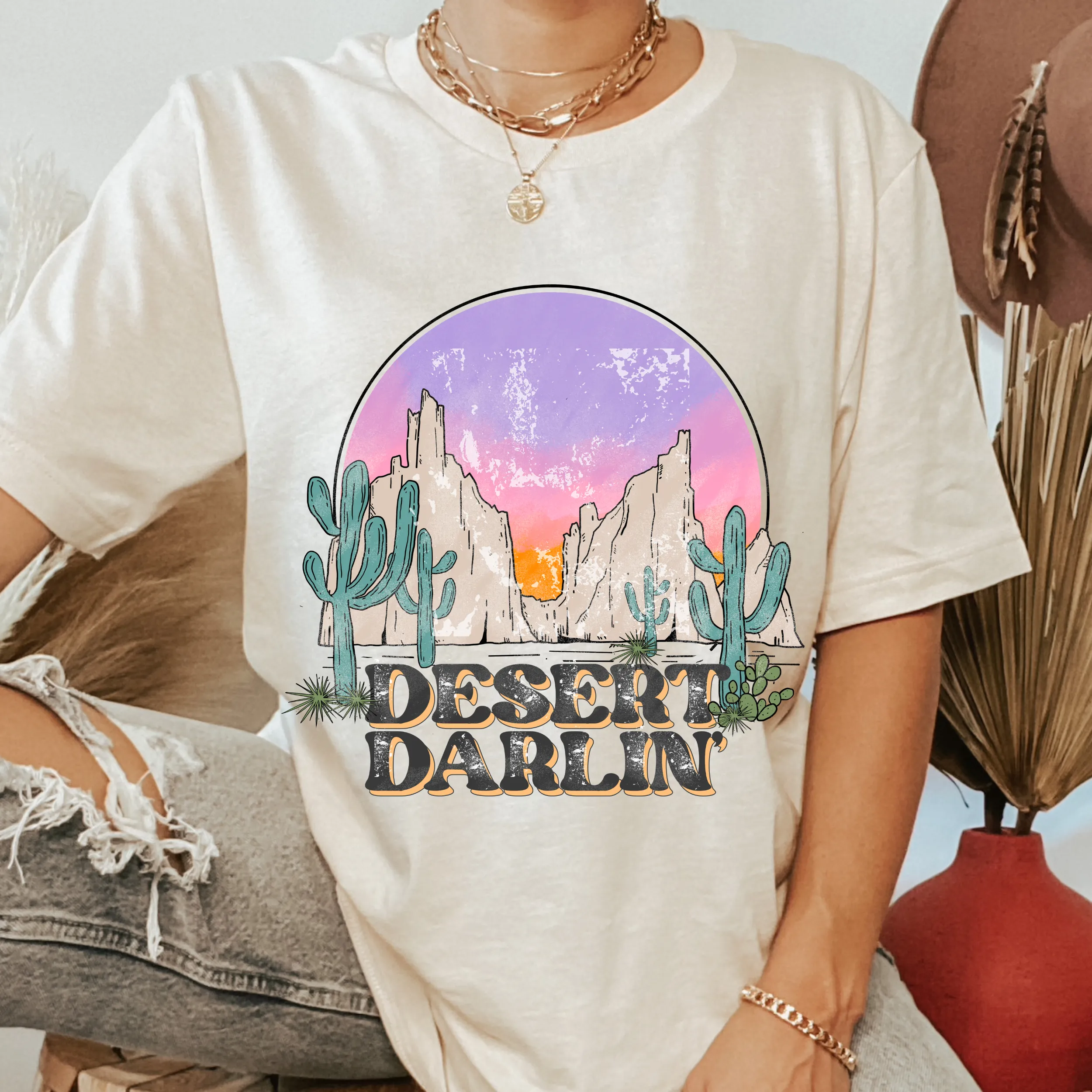 Desert Darlin' Bella Canvas® Unisex Jersey Short Sleeve Tee in Natural, White, Dark Heather or Heather Olive Desert Cactus T-Shirt