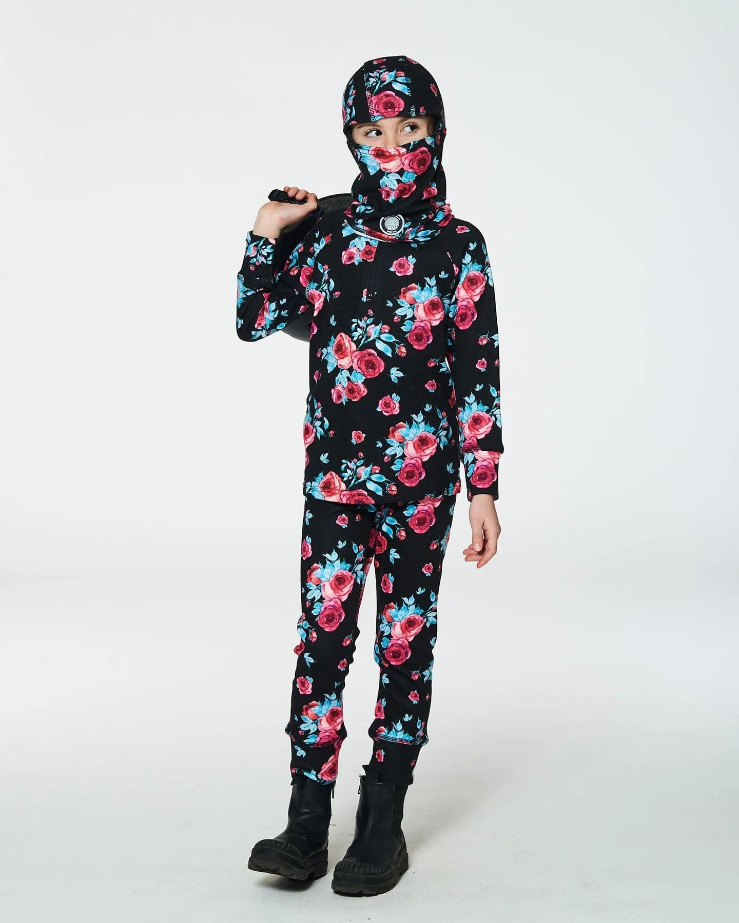 Deux par Deux Girl's Jersey Balaclava Black Printed Roses