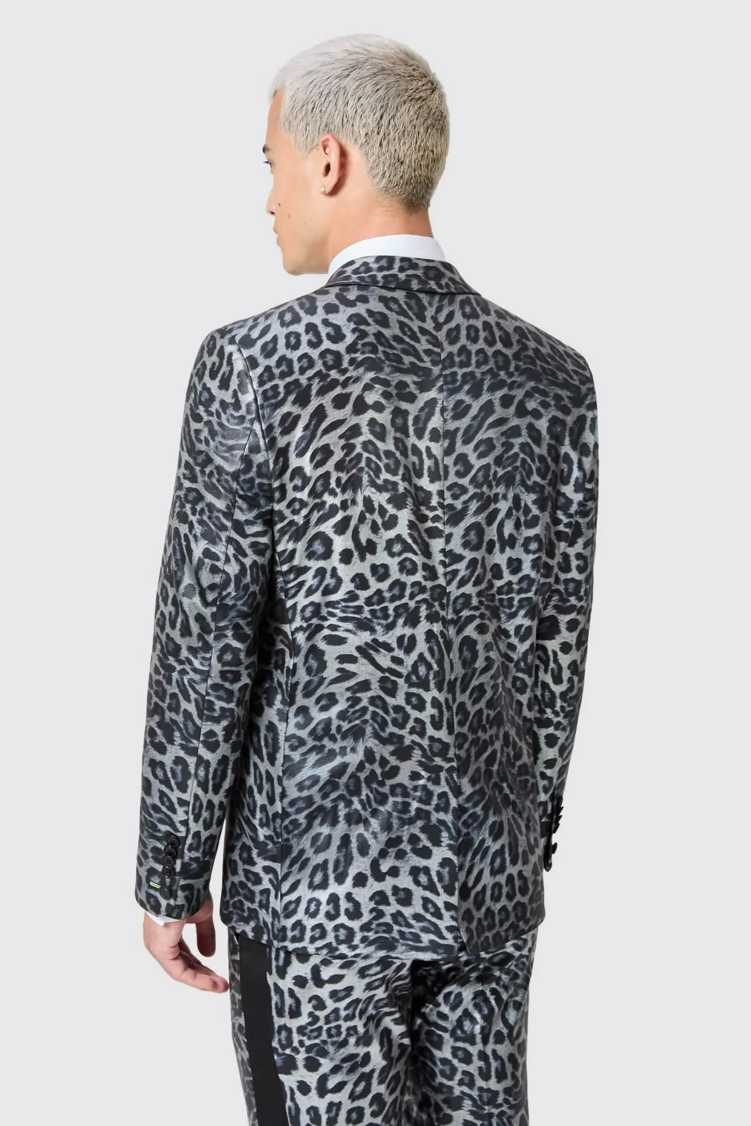 Devries Slim Fit Silver Leopard Print Tuxedo Jacket