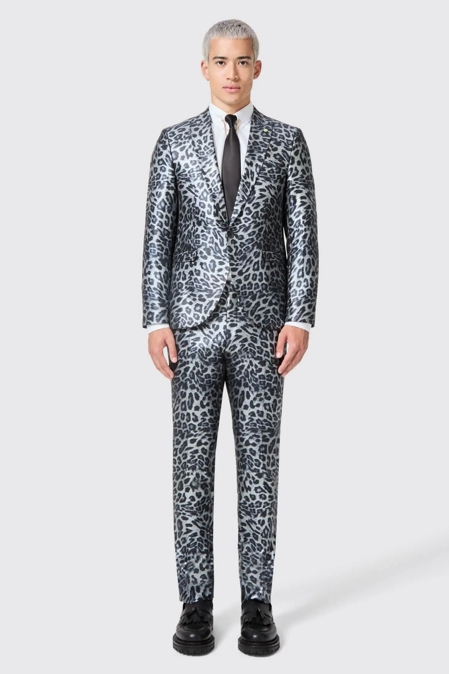 Devries Slim Fit Silver Leopard Print Tuxedo Jacket