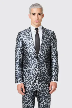 Devries Slim Fit Silver Leopard Print Tuxedo Jacket