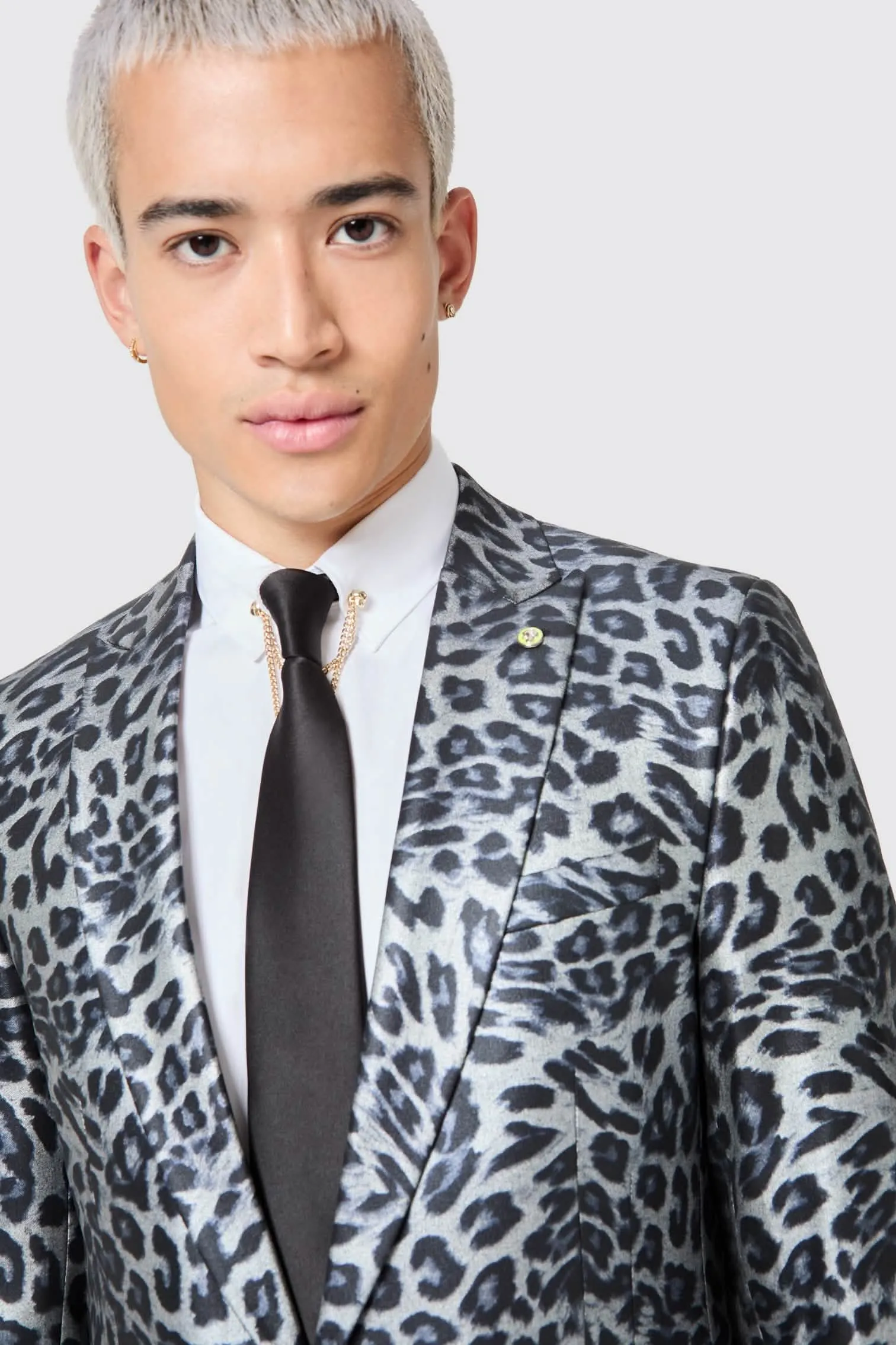 Devries Slim Fit Silver Leopard Print Tuxedo Jacket