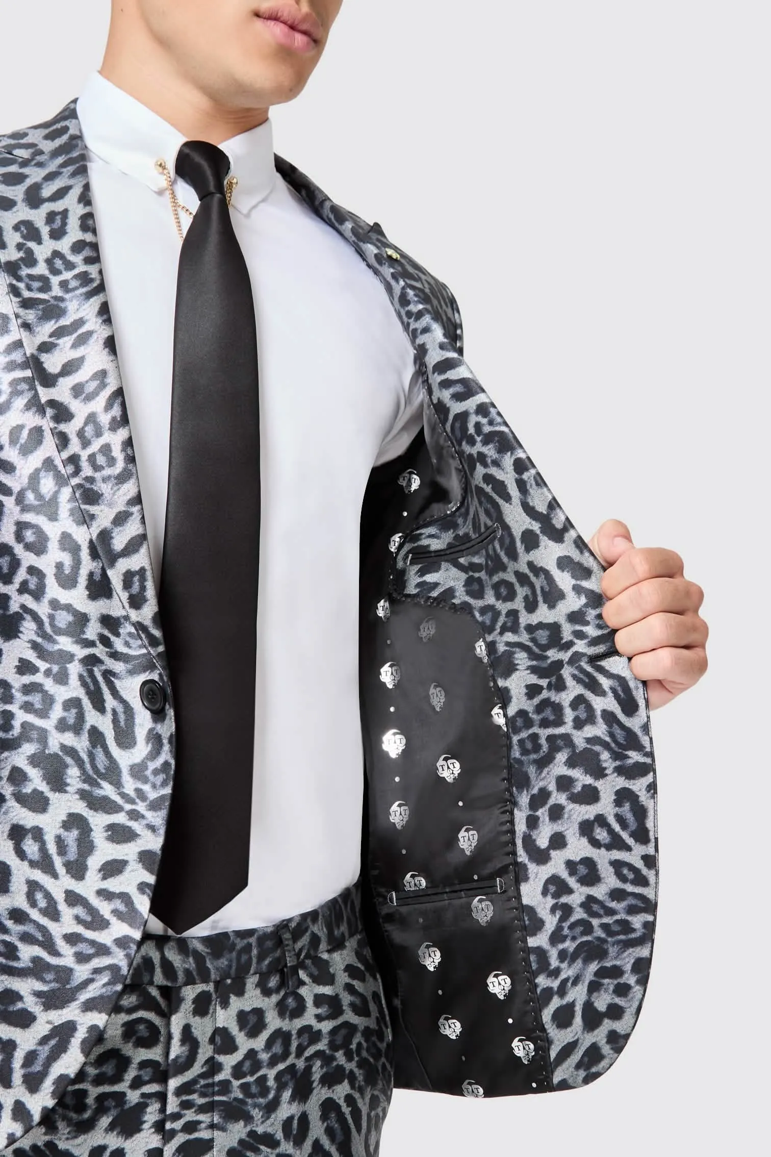 Devries Slim Fit Silver Leopard Print Tuxedo Jacket