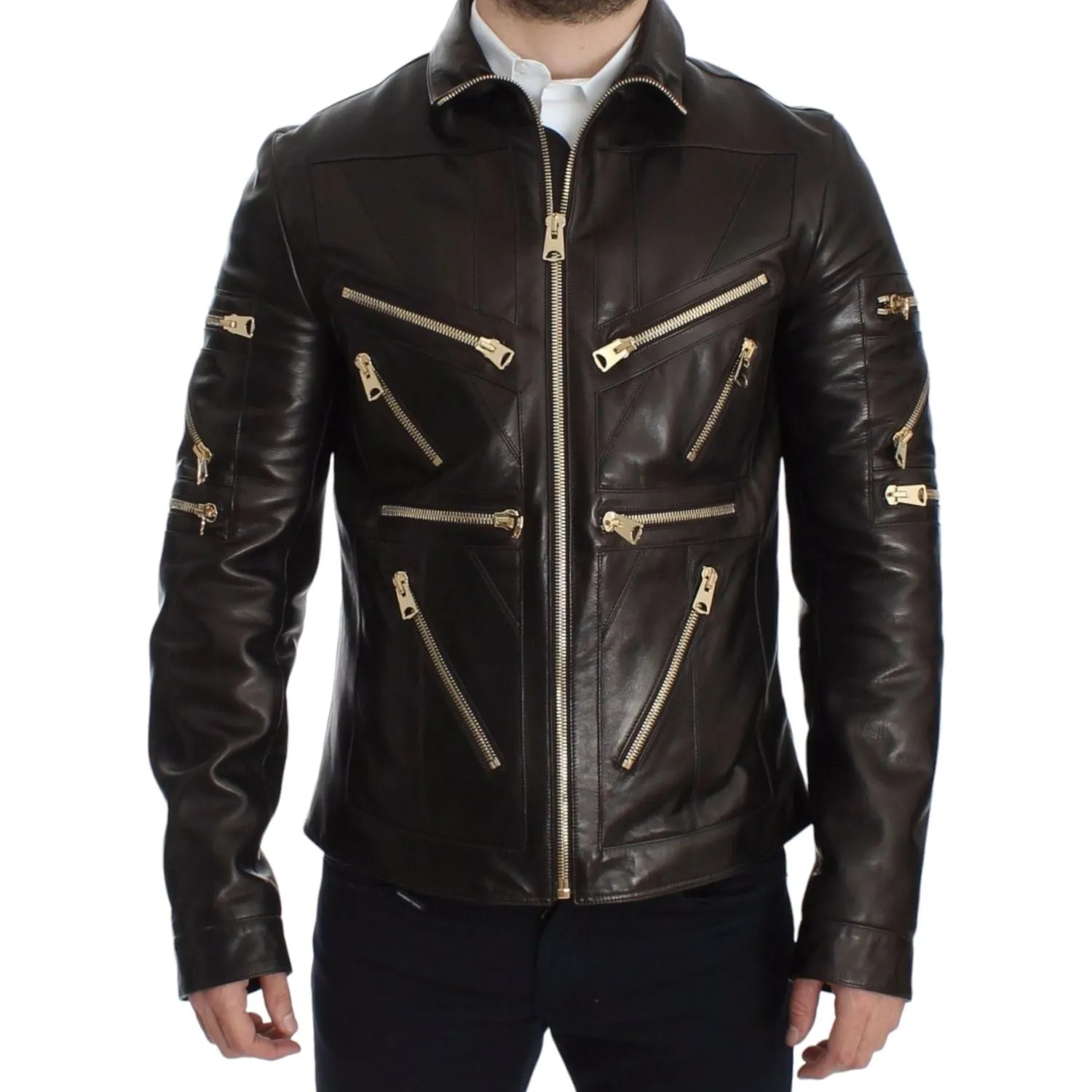 Dolce & Gabbana Elegant Brown Gold-Detailed Leather Jacket