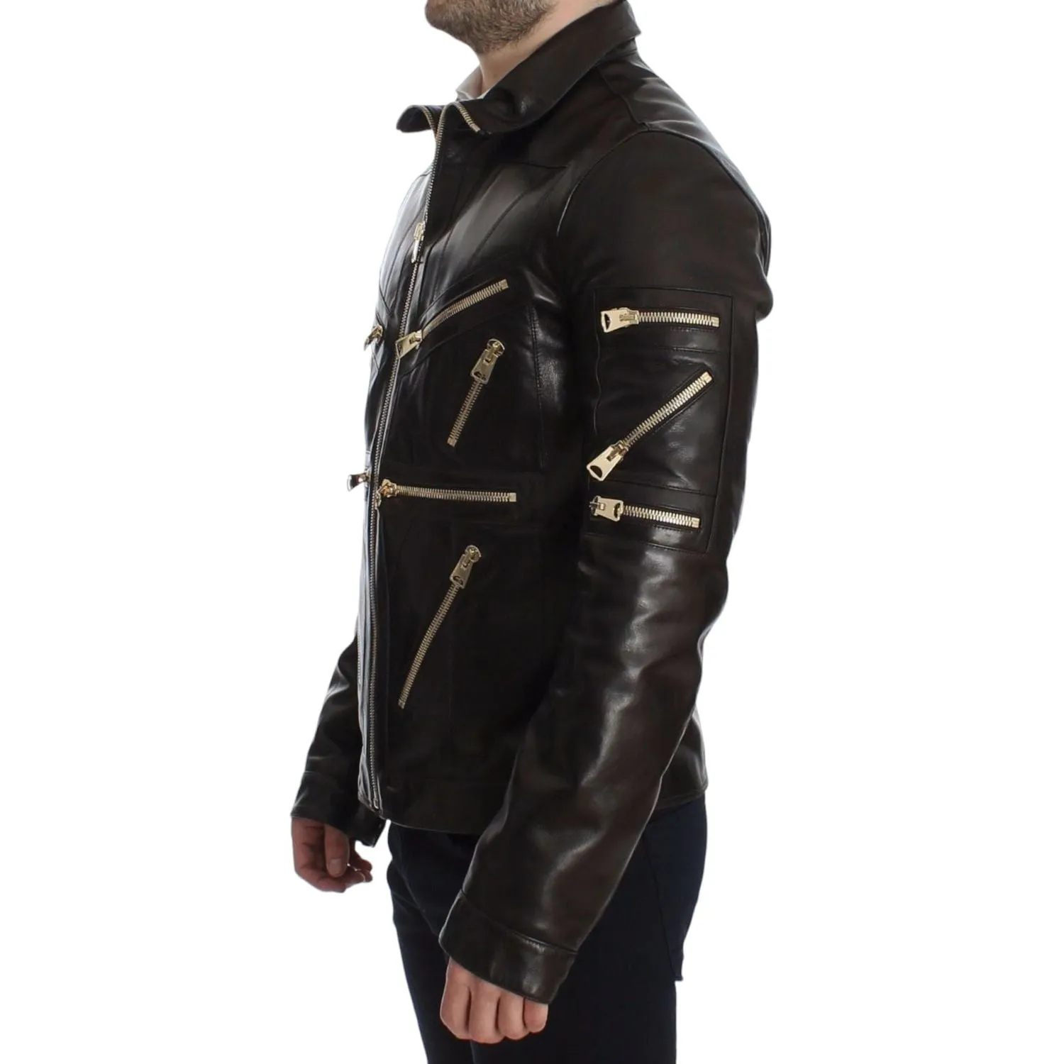 Dolce & Gabbana Elegant Brown Gold-Detailed Leather Jacket